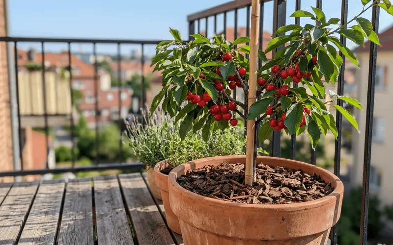 Un cerisier nain chargé de fruits rouges planté dans un pot en terre cuite sur un balcon, avec un paysage urbain flou en arrière-plan.