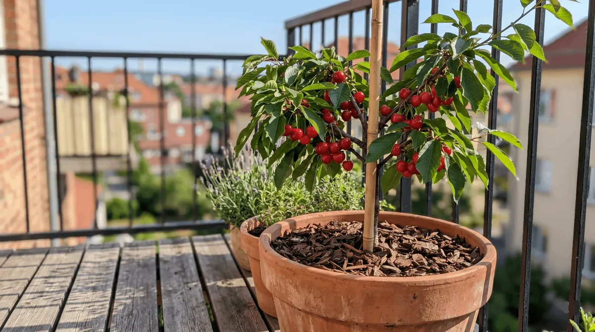 Un cerisier nain chargé de fruits rouges planté dans un pot en terre cuite sur un balcon, avec un paysage urbain flou en arrière-plan.