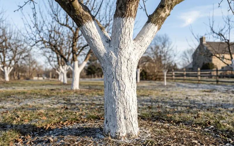 Troncs d'arbres fruitiers badigeonnés de blanc de chaux arboricole protecteur au début du printemps dans un verger ensoleillé
