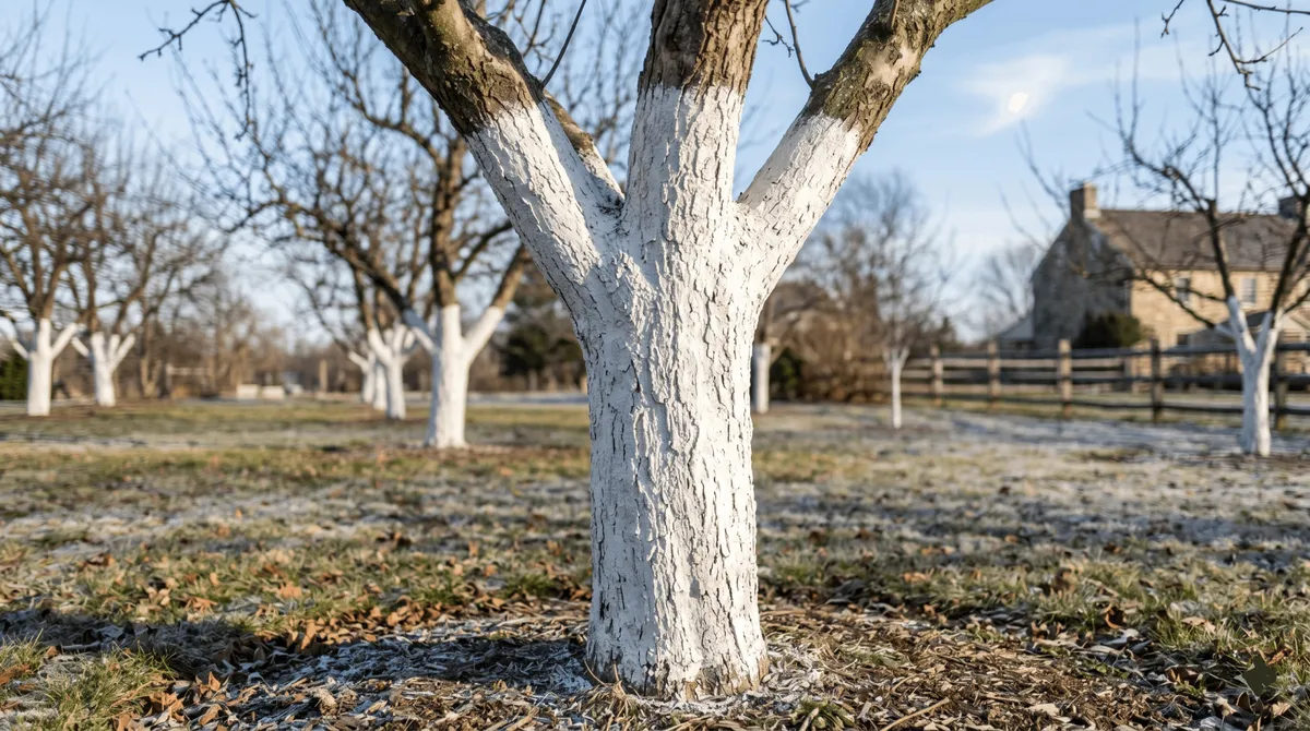 Troncs d'arbres fruitiers badigeonnés de blanc de chaux arboricole protecteur au début du printemps dans un verger ensoleillé