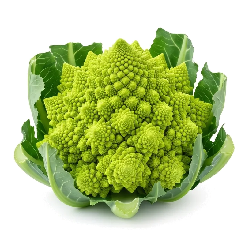 Splendide et très graphique pomme de chou romanesco à la tendre teinte vert jaunâtre, dont l'organisation forme des pointes pyramidales en spirales géométriques fascinantes