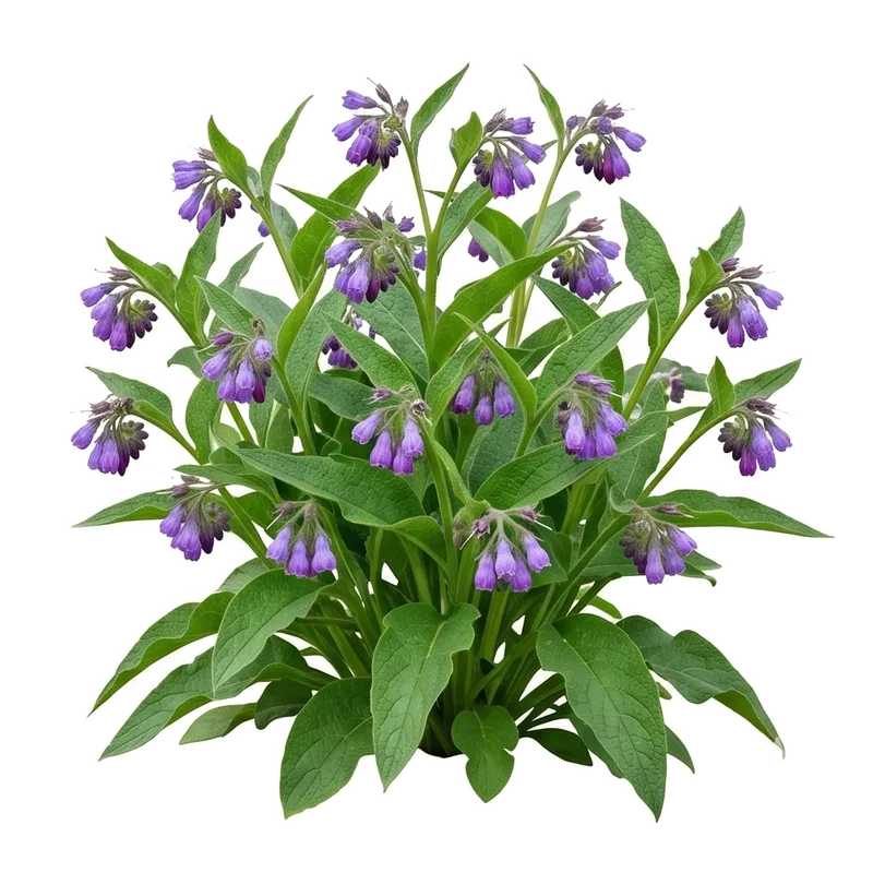 Robuste touffe de consoude officinale exhibant de grandes et rudes feuilles allongées, surmontées de délicates petites fleurs tubulaires violacées retombantes