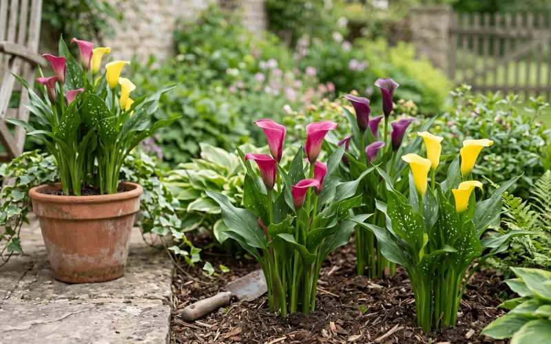 Massifs paysagers de callas colorés jaunes, roses et violets poussant en pleine terre et dans un pot en terre cuite dans un jardin arboré