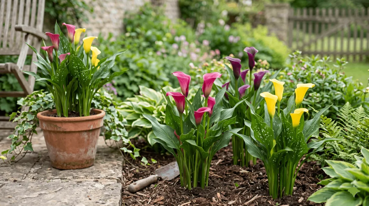 Massifs paysagers de callas colorés jaunes, roses et violets poussant en pleine terre et dans un pot en terre cuite dans un jardin arboré