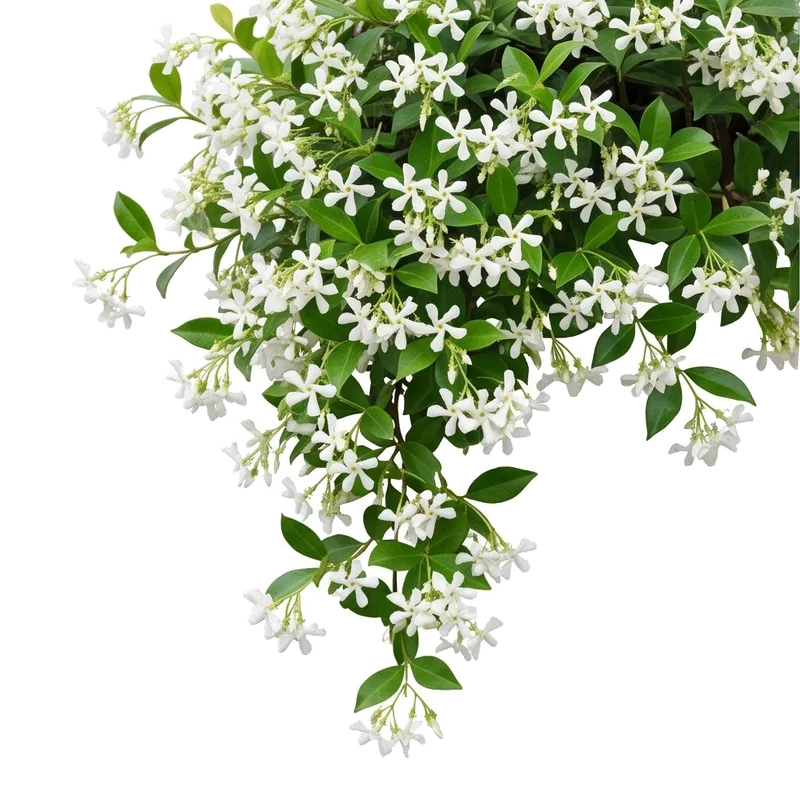 Vigoureuse cascade de jasmin étoilé grimpant couvrant généreusement un treillage estival de sa multitude de délicates petites fleurs blanches tubulaires disposées en hélice