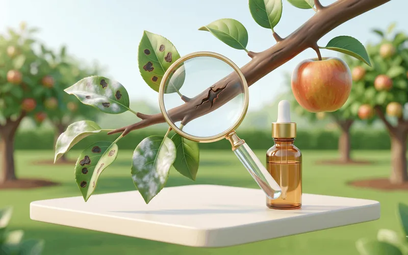 Loupe tenue devant la branche d'un pommier révélant un chancre de l'écorce, à côté de feuilles présentant des taches de tavelure et d'oïdium dans un verger