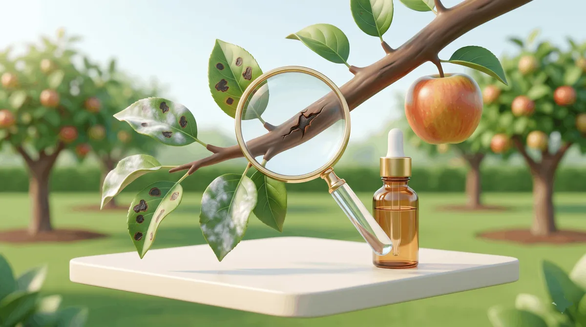 Loupe tenue devant la branche d'un pommier révélant un chancre de l'écorce, à côté de feuilles présentant des taches de tavelure et d'oïdium dans un verger