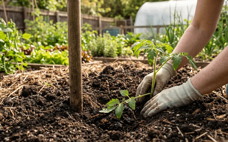 Un gros plan au niveau du sol dans un potager ensoleillé montre les mains gantées d'un jardinier plantant un jeune plant de tomate dans un trou creusé dans un sol de terre sombre et riche. Le plant a des feuilles vert vif. À côté se trouve un tuteur en bois. L'arrière-plan présente d'autres plantes de jardin et un tunnel de culture sous une lumière vive.
