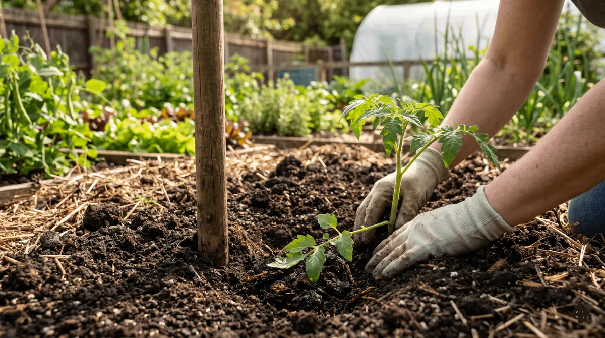 Un gros plan au niveau du sol dans un potager ensoleillé montre les mains gantées d'un jardinier plantant un jeune plant de tomate dans un trou creusé dans un sol de terre sombre et riche. Le plant a des feuilles vert vif. À côté se trouve un tuteur en bois. L'arrière-plan présente d'autres plantes de jardin et un tunnel de culture sous une lumière vive.
